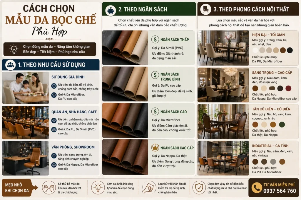 chọn đúng mẫu da bọc ghế không chỉ giúp tối ưu chi phí mà còn quyết định trực tiếp đến độ bền và thẩm mỹ của nội thất