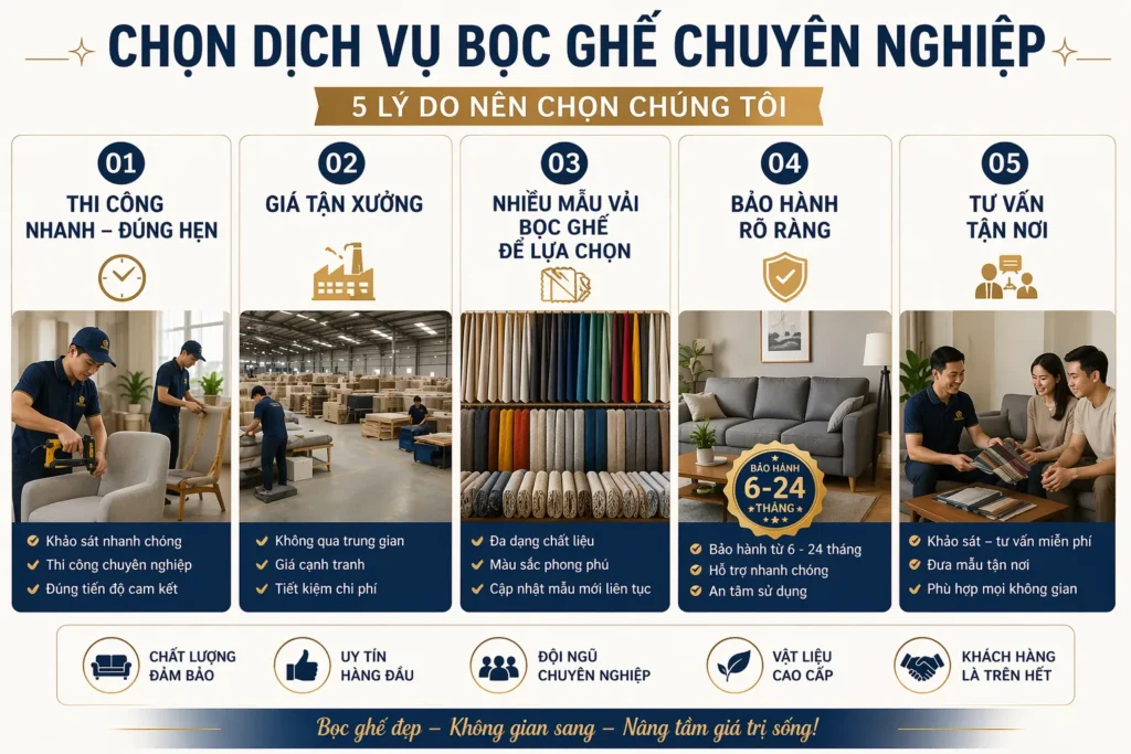 Lựa chọn đơn vị bọc ghế uy tín giúp bạn đảm bảo cả về chất lượng thi công, độ bền và tính thẩm mỹ
