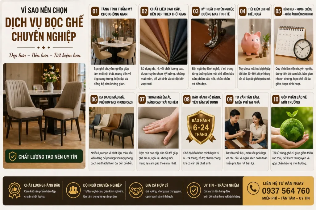 Dịch vụ bọc ghế chuyên nghiệp giúp đảm bảo cả chất lượng lẫn thẩm mỹ