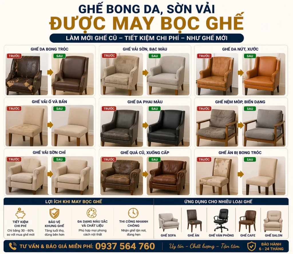 Ghế củ ghế bong da sau khi được may và bọc lại ghế