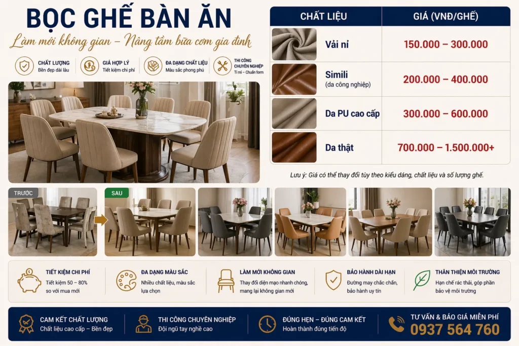 Giá bọc ghế bàn ăn thay đổi theo kích thước, form ghế