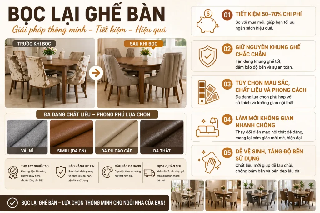 Bọc ghế bàn ăn là giải pháp thông minh giúp bạn tiết kiệm chi phí, nâng cấp thẩm mỹ và kéo dài tuổi thọ nội thất