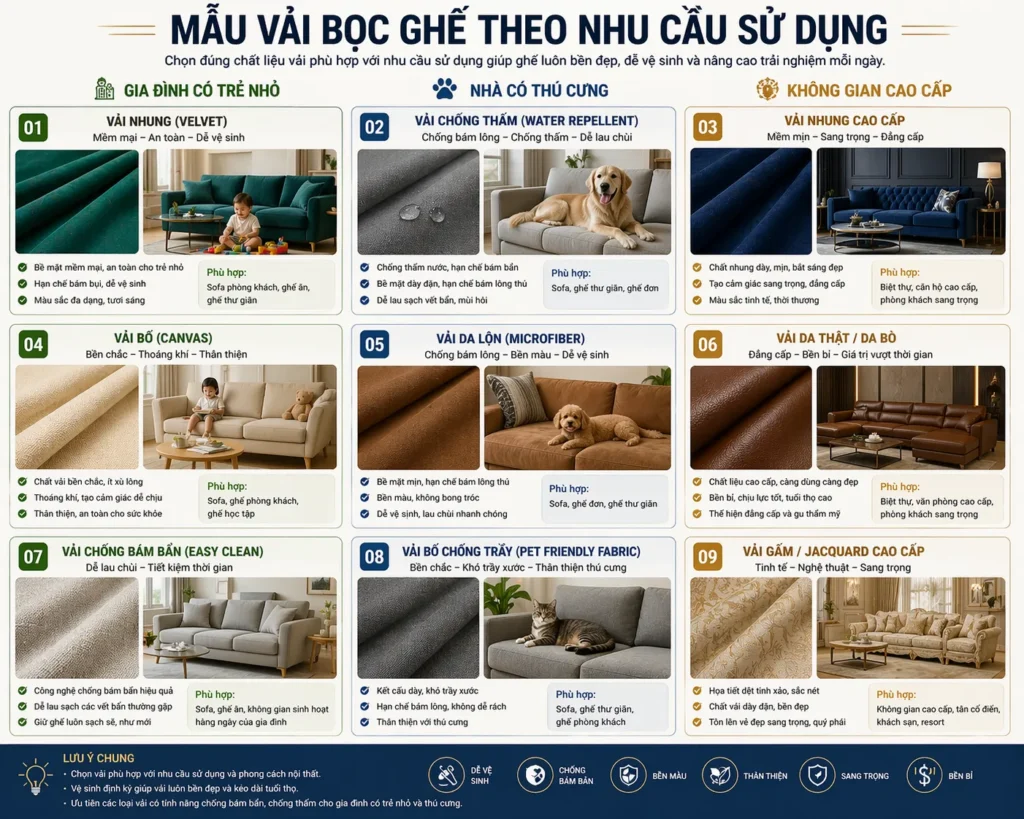 Việc chọn mẫu vải bọc ghế không chỉ phụ thuộc vào không gian mà còn phải phù hợp với đối tượng sử dụng và thói quen sinh hoạt
