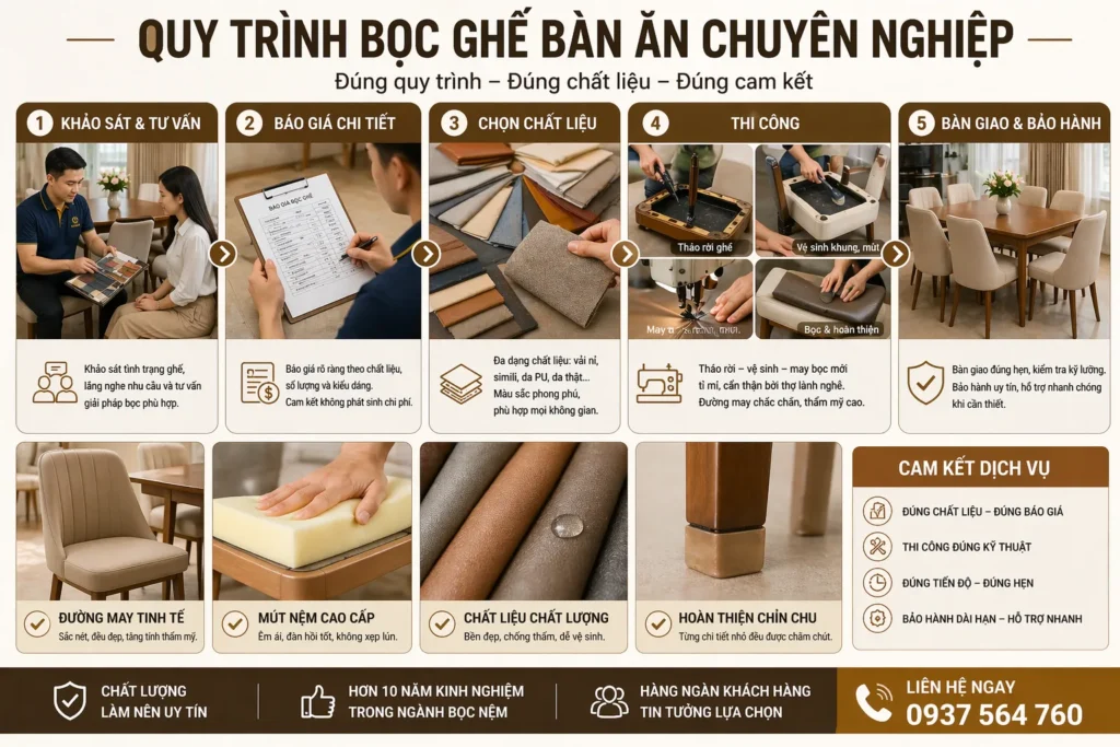 Dịch vụ bọc ghế bàn ăn thường được thực hiện theo quy trình rõ ràng, minh bạch