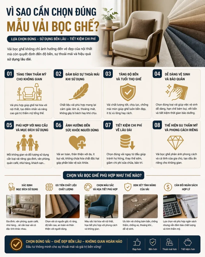 Việc lựa chọn đúng mẫu vải bọc ghế không chỉ đơn thuần là yếu tố thẩm mỹ mà còn ảnh hưởng trực tiếp đến độ bền