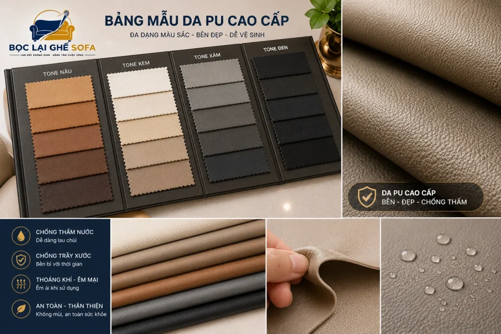 Da PU có bề mặt da mềm, dễ lau chùi và phù hợp với nhiều không gian.