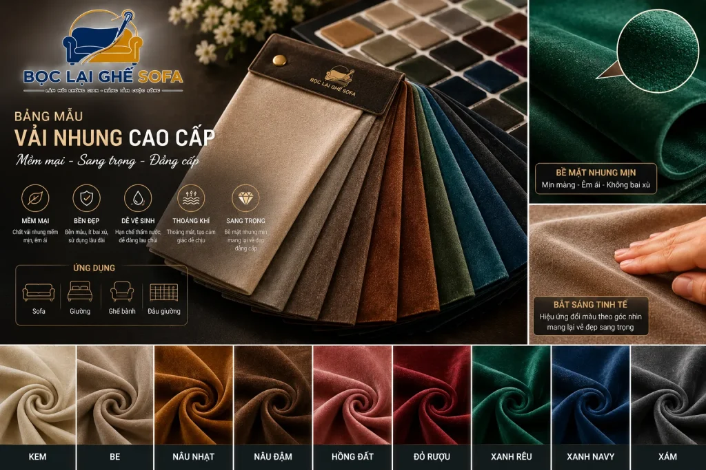 Vải nhung với bề mặt mềm mịn, êm ái khi sử dụng mang lại vẻ đẹp sang trọng và tạo điểm nhấn nổi bật cho phòng khách. 