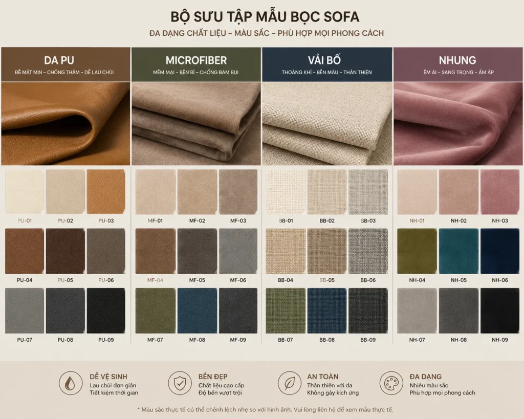 Khách hàng có thể lựa chọn nhiều mẫu da và vải sofa phù hợp phong cách nội thất.