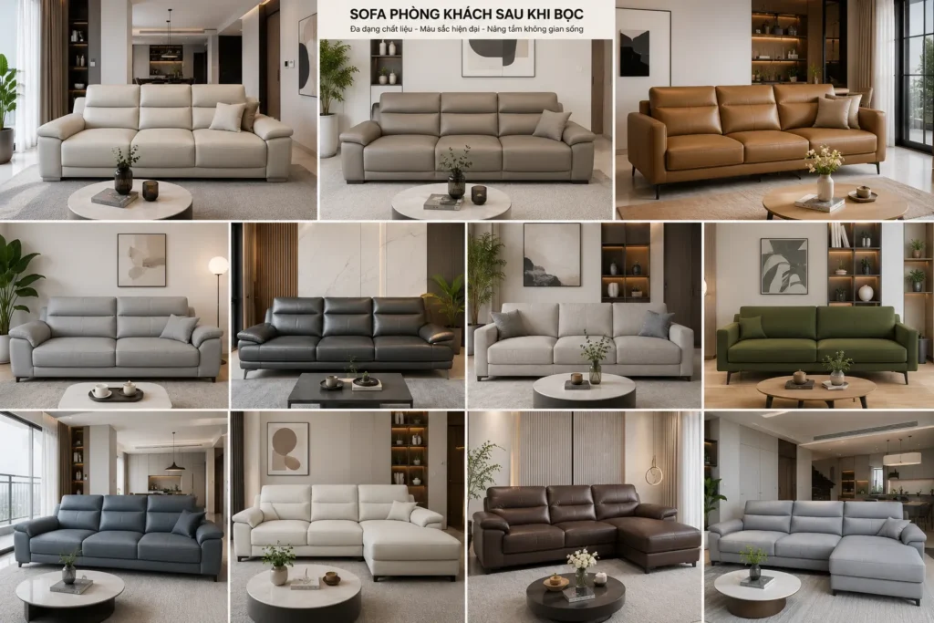 Sofa phòng khách được bọc lại bằng chất liệu mới giúp tăng tính thẩm mỹ và độ bền.
