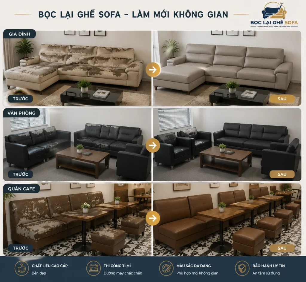 Biến hóa không gian với dịch vụ bọc lại ghế sofa – gia đình, văn phòng, quán cafe đều mới tinh, êm ái và sang trọng.