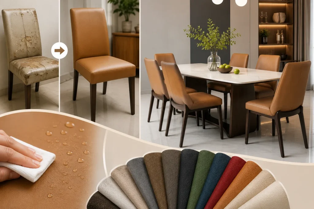 Bộ ghế bàn ăn được bọc mới đồng bộ với không gian nội thất