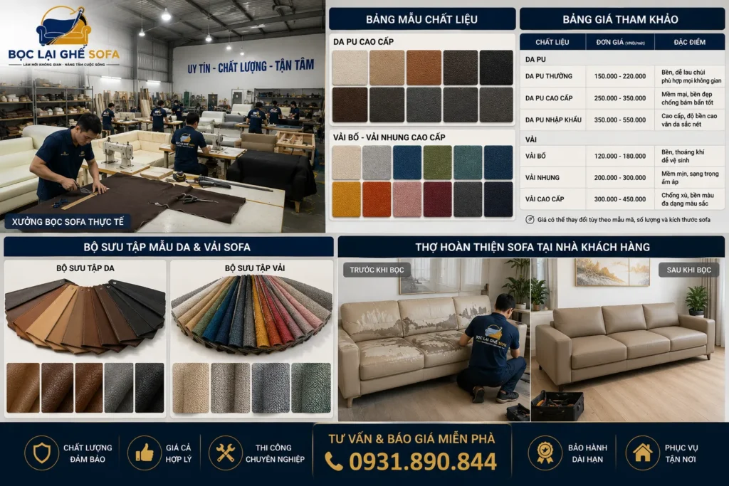Hình ảnh thực tế xưởng bọc sofa chuyên nghiệp với đa dạng mẫu da, vải cao cấp và thi công hoàn thiện tận nơi cho khách hàng.