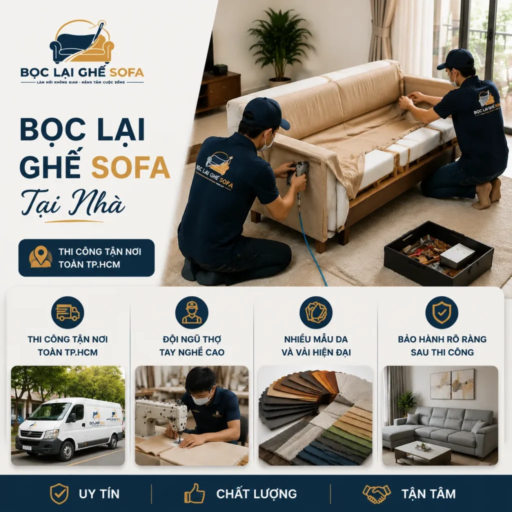 Bọc lại ghế sofa tại nhà – Đo đạc chính xác, thi công tận nơi, đa dạng chất liệu, sofa mới tinh, bền đẹp và sang trọng.