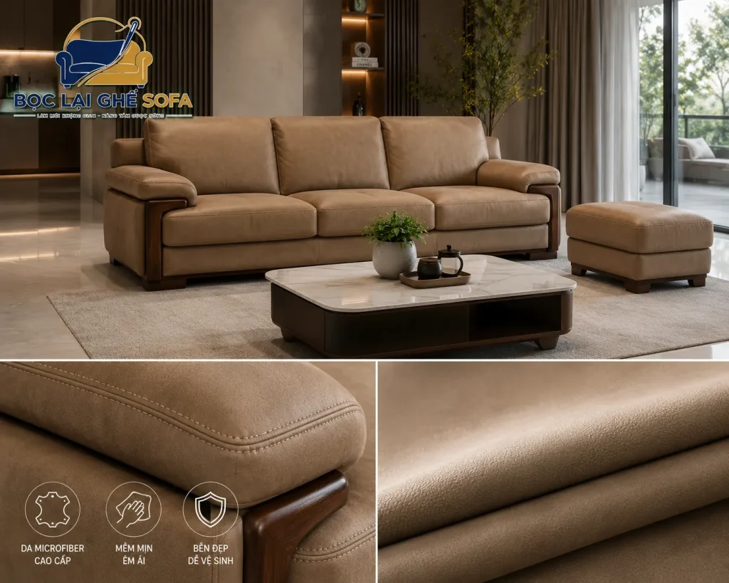 Sofa da sau khi bọc lại tăng tính sang trọng cho phòng khách