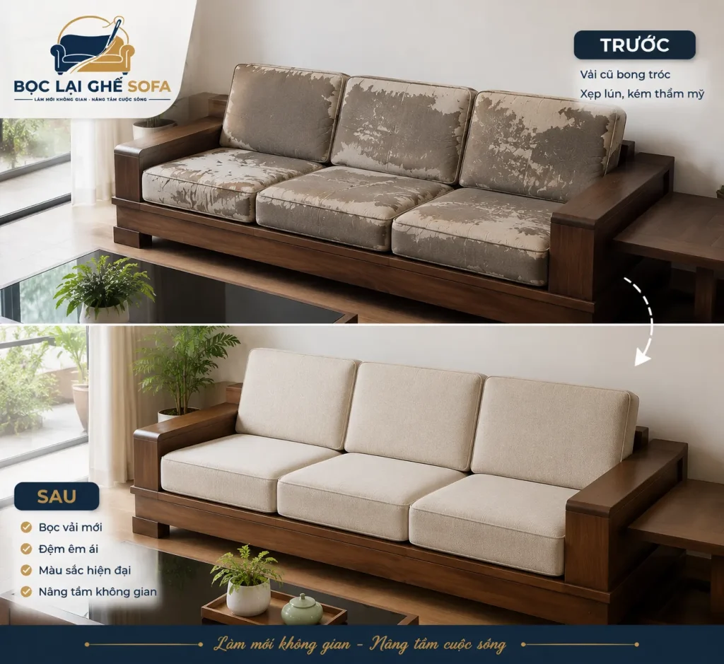 Thay mới phần nệm và lớp bọc cho sofa gỗ đệm rời, giúp bộ ghế trở nên sạch đẹp, êm ái và hiện đại