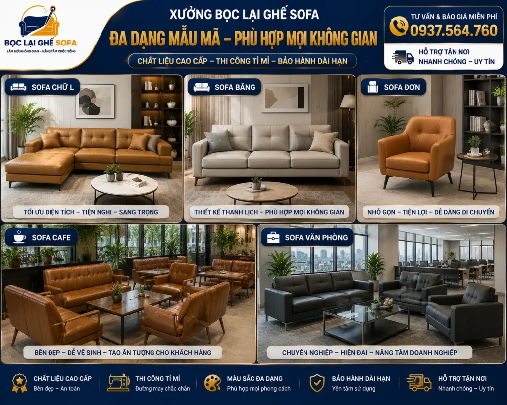 Nhận bọc lại đa dạng kiểu dáng sofa từ gia đình đến văn phòng.