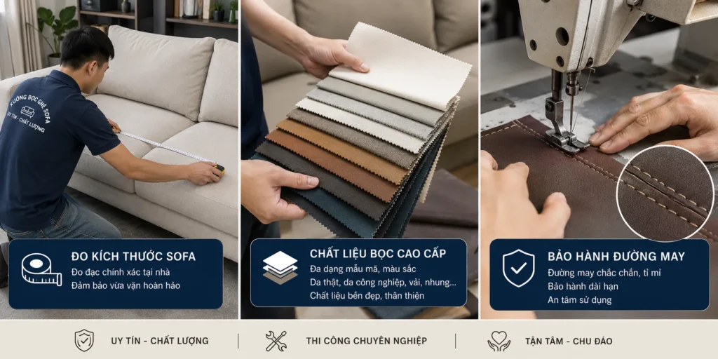 Chi phí dịch vụ bọc ghế sofa phụ thuộc vào kích thước sofa, chất liệu bọc và mức độ thi công thực tế của từng mẫu ghế.