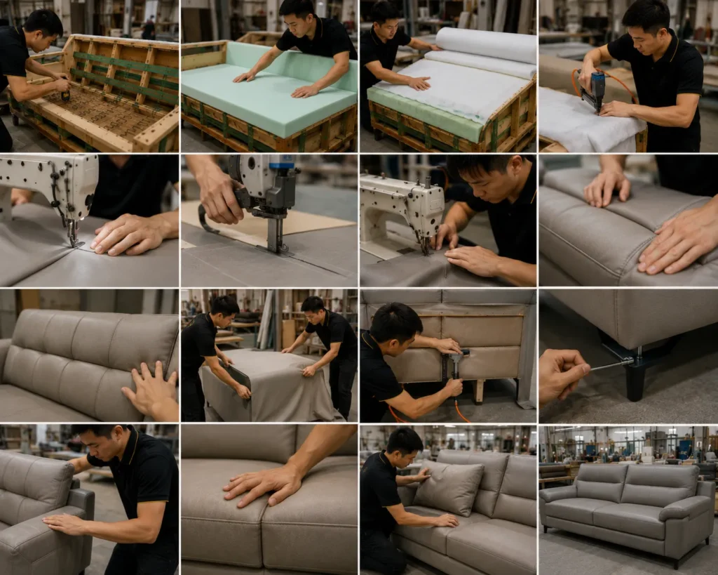 Quá trình thi công yêu cầu kỹ thuật chính xác để sofa căng đẹp và bền chắc.