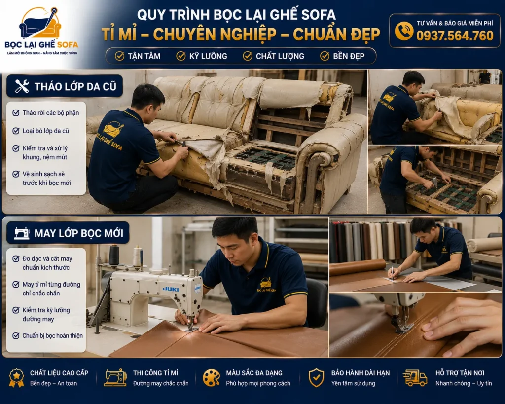 Kỹ thuật viên khảo sát và đo kích thước sofa trước khi thi công.