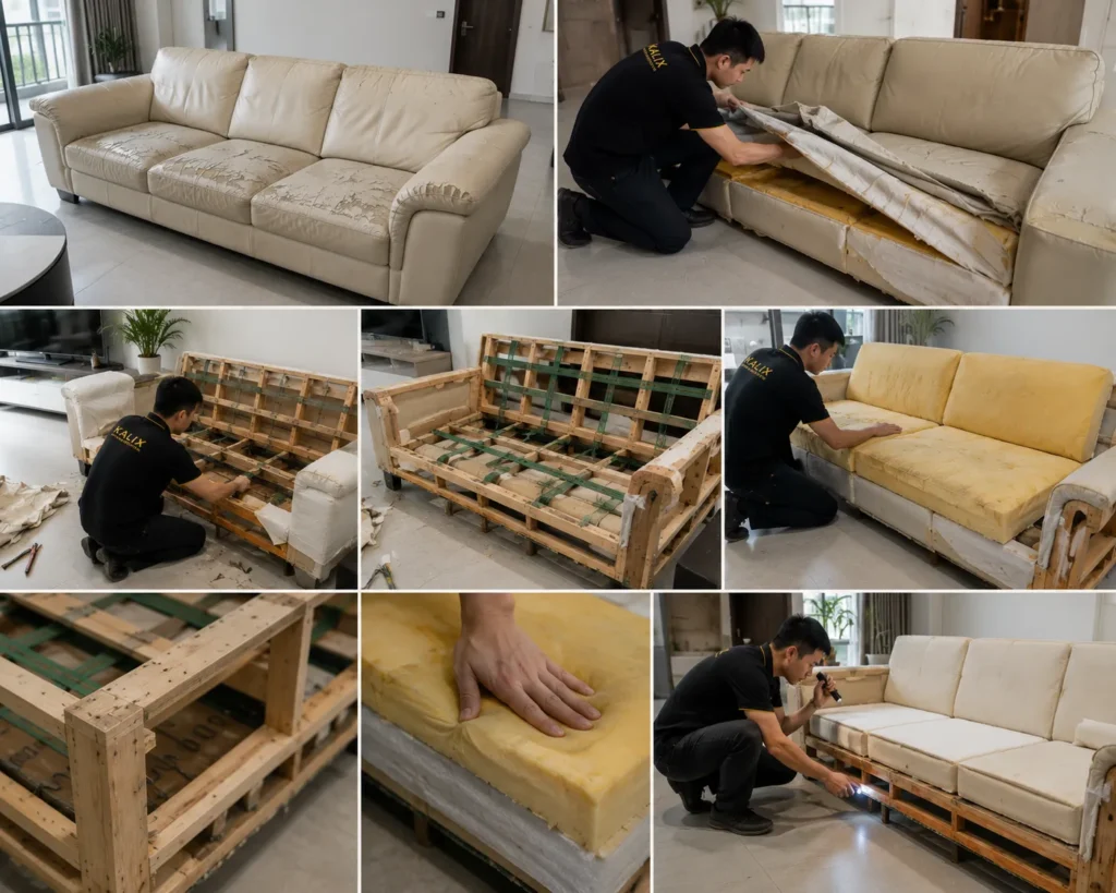 Sofa cũ được tháo lớp bọc để kiểm tra khung và đệm trước khi thi công mới.