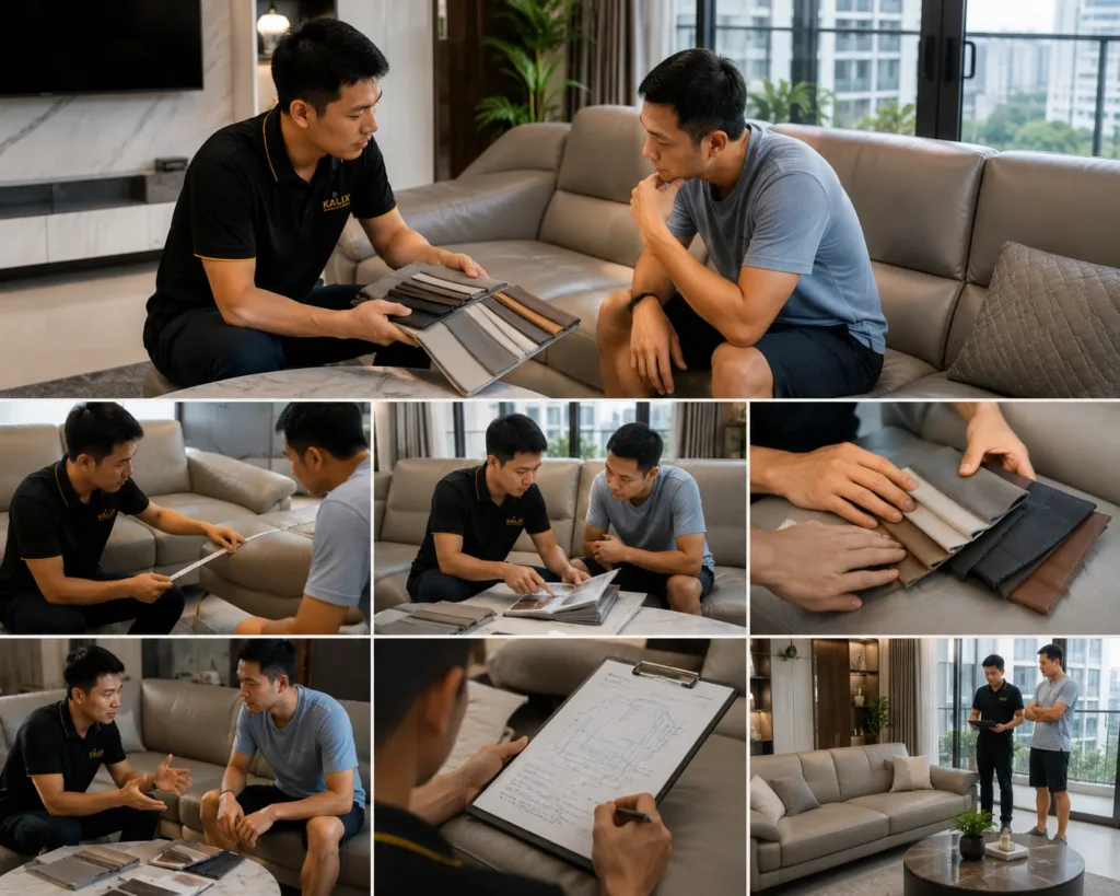 Đội ngũ kỹ thuật khảo sát sofa trực tiếp để tư vấn chất liệu phù hợp.