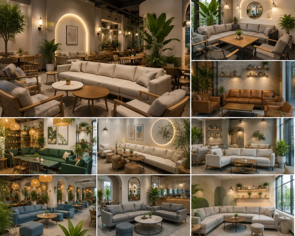 Không gian quán cafe trở nên hiện đại hơn sau khi bọc lại sofa