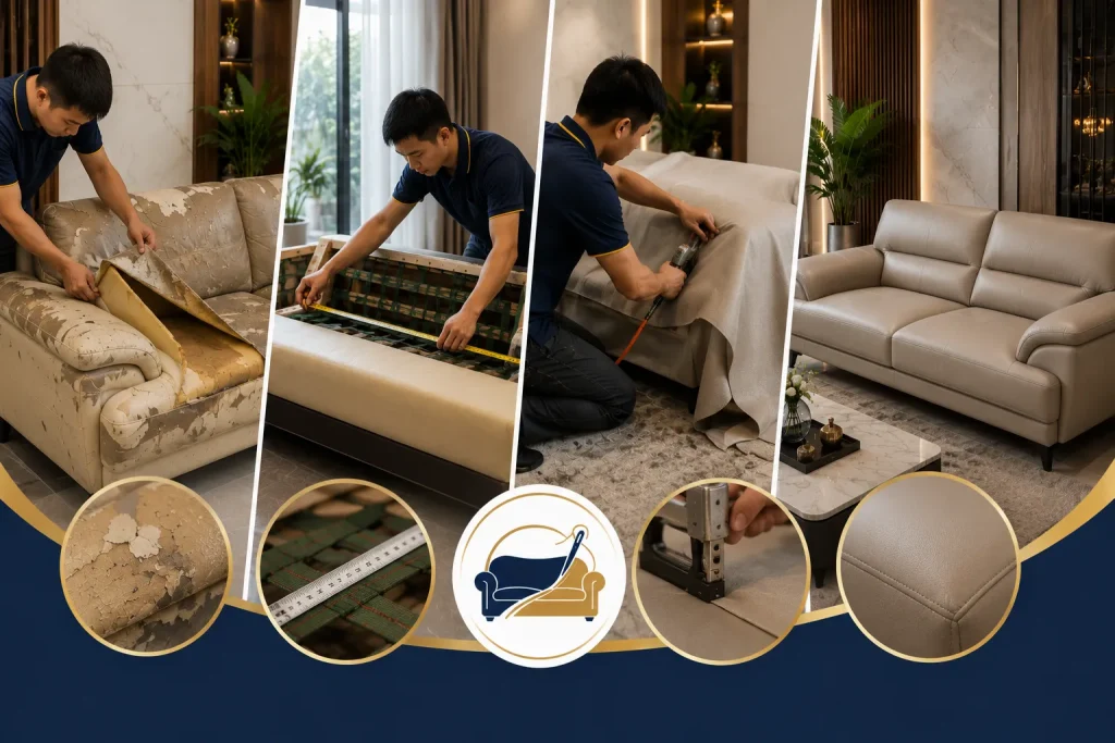 Quy trình bọc lại ghế sofa thực tế tại Hóc Môn