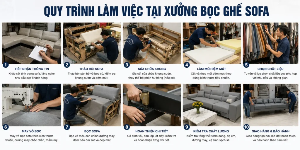 Quy trình làm việc tại xưởng bọc ghế sofa được thực hiện chuyên nghiệp từ khảo sát, tư vấn đến thi công và hoàn thiện tại nhà khách hàng.