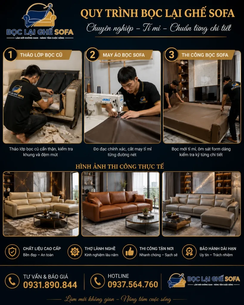 Quy trình bọc lại ghế sofa chuyên nghiệp – thi công tỉ mỉ, chất liệu cao cấp, hoàn thiện sang trọng.