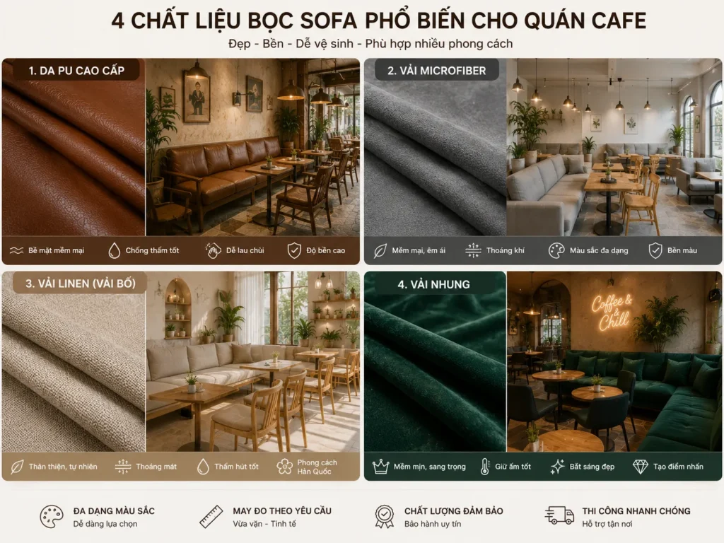 Các chất liệu phổ biến khi bọc lại ghế sofa quán cafe