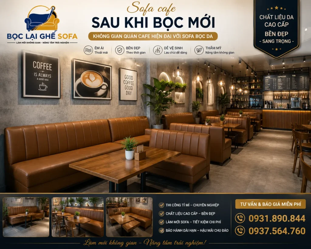 Sofa cafe bọc mới với chất liệu da cao cấp, mang đến không gian quán hiện đại, sang trọng và chuyên nghiệp hơn.