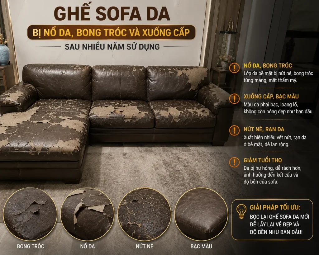 Ghế sofa cũ bong tróc và xuống cấp sau nhiều năm sử dụng.