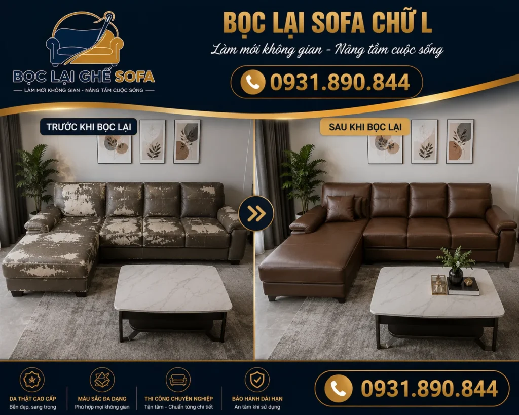 Sofa chữ L cũ được bọc lại sang trọng như mới