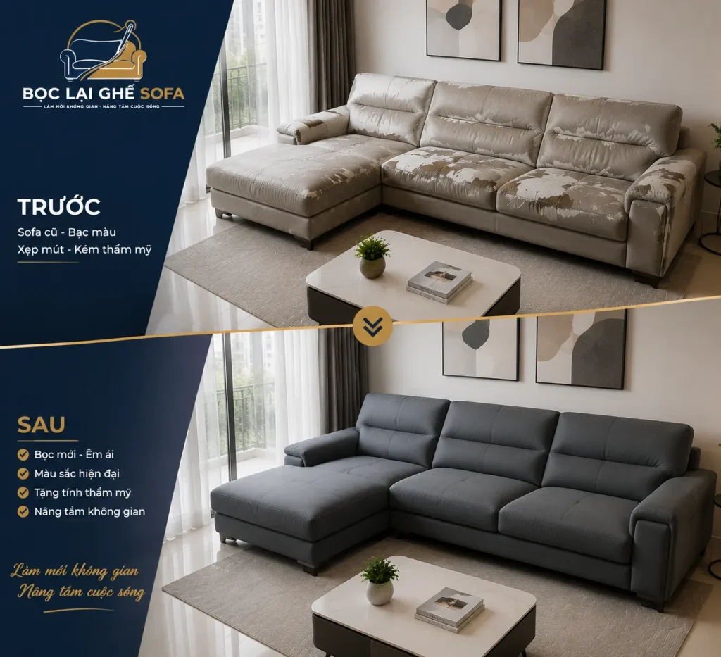 Sofa chữ L sau khi bọc lại, bề mặt nhẵn, màu sắc hiện đại, tinh tế