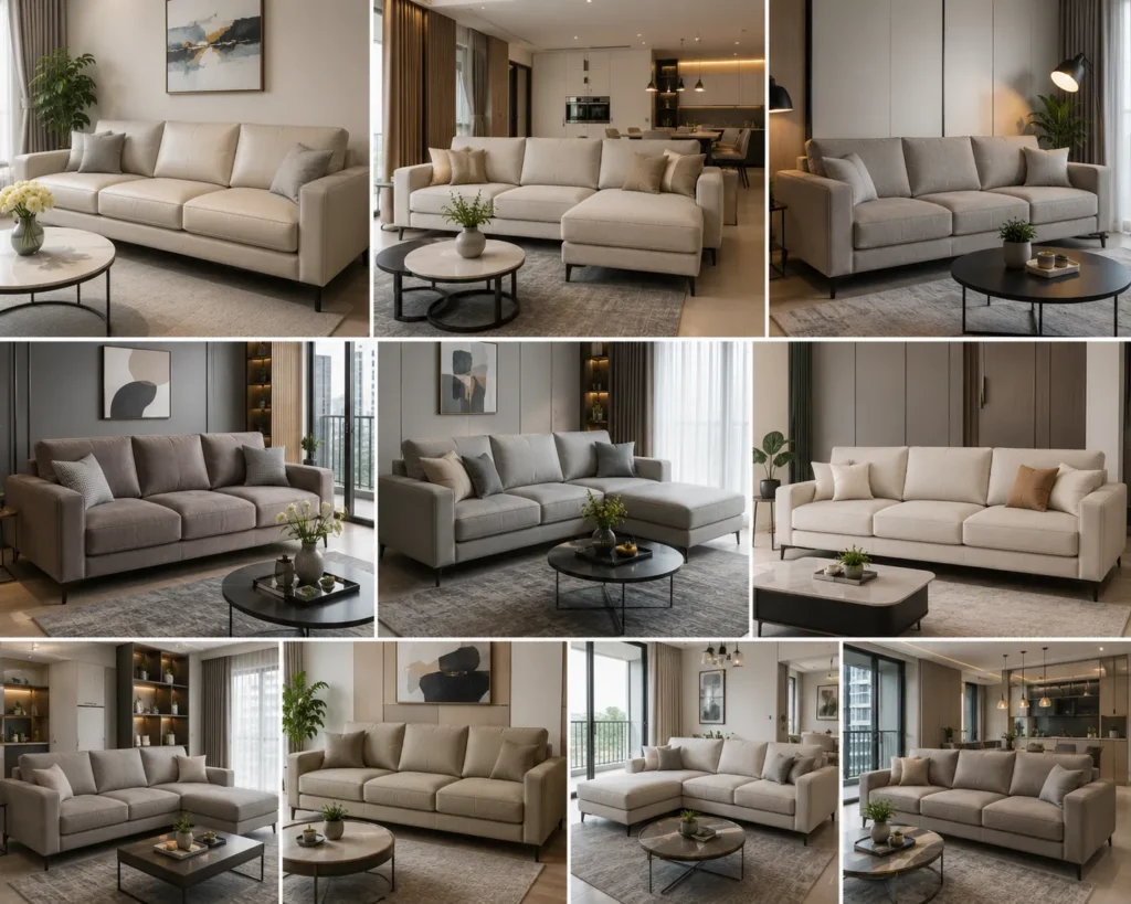 Sofa chung cư sau khi bọc lại với tone màu trung tính hiện đại.