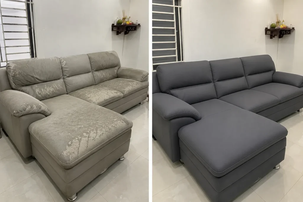 Sofa cũ được bọc lại hoàn toàn với diện mạo mới hiện đại, sạch đẹp và sang trọng hơn sau khi thi công.