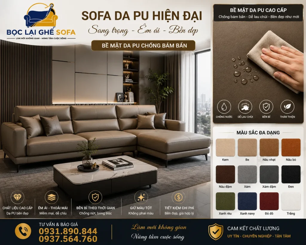 Sofa da PU hiện đại với bề mặt chống bám bẩn, dễ lau chùi, đa dạng màu sắc phù hợp mọi không gian sống.