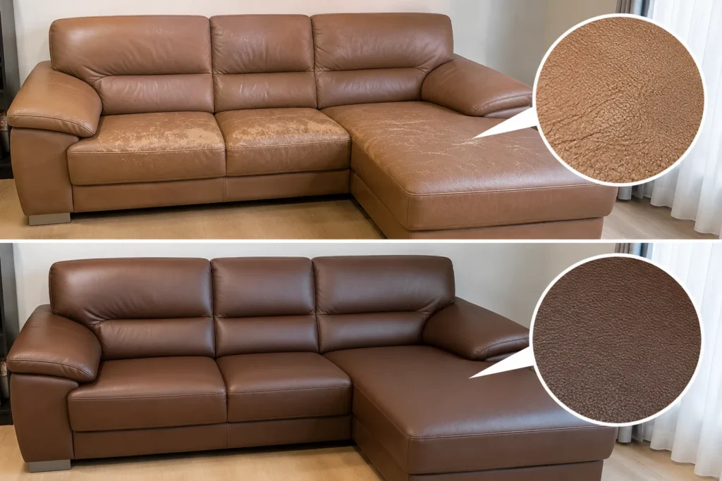 Sofa da cũ được bọc lại mới với bề mặt da mịn đẹp, sang trọng và độ hoàn thiện tỉ mỉ trong từng chi tiết.
