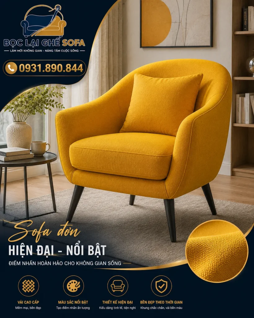 Sofa đơn bọc vải bền đẹp, dễ phối với nhiều phong cách