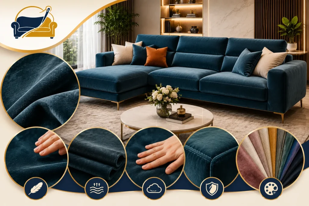 Sofa vải nhung mang phong cách sang trọng và cao cấp.