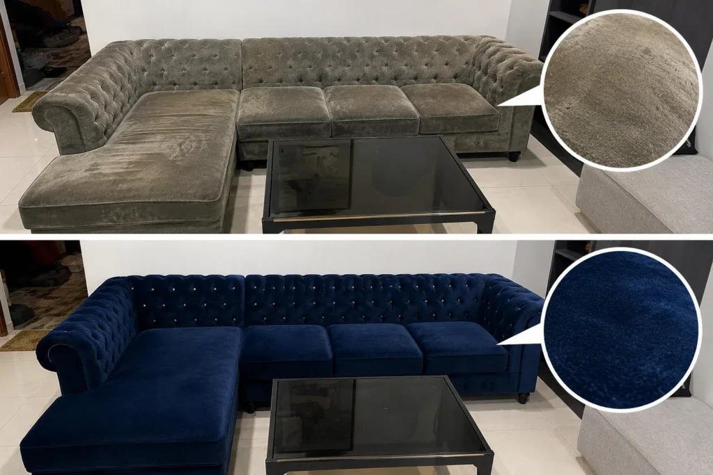 Sofa nhung cao cấp được bọc mới với bề mặt mềm mịn, màu sắc sang trọng và chất liệu tinh tế giúp không gian nổi bật hơn.