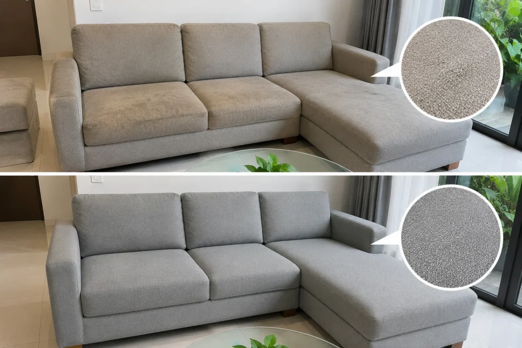 Sofa vải cũ được bọc mới với chất liệu mềm mại, màu sắc hiện đại và bề mặt vải tinh tế, giúp không gian trở nên sạch đẹp hơn.