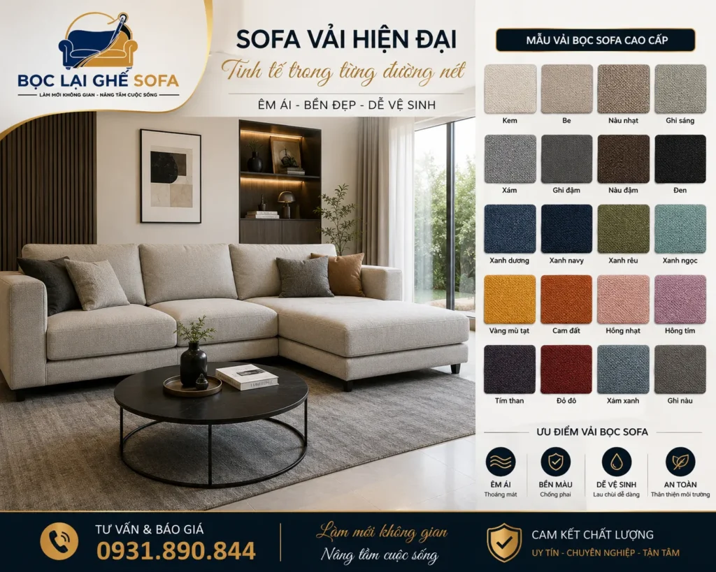Sofa vải hiện đại với đa dạng mẫu vải cao cấp, màu sắc tinh tế phù hợp nhiều không gian phòng khách.