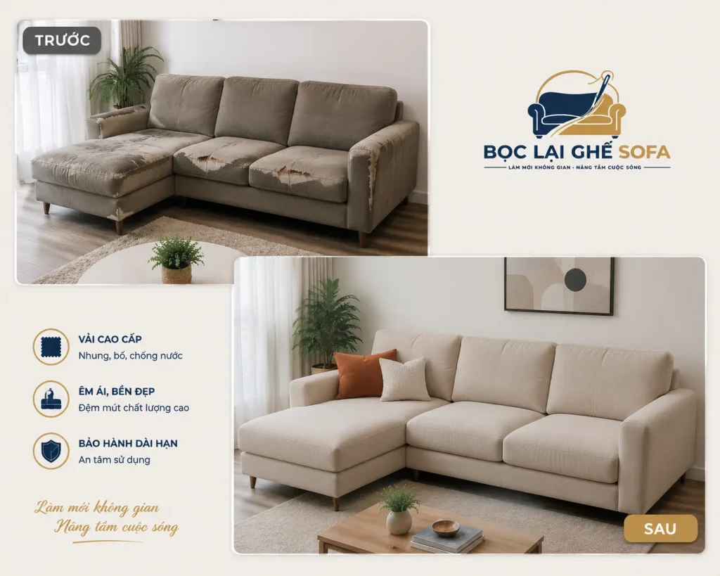 Sofa vải cao cấp, mềm mại và bền bỉ sau khi được bọc lại