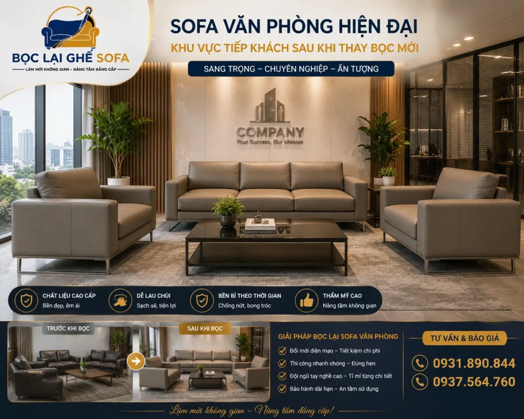 Sofa văn phòng hiện đại sau khi thay bọc mới, mang đến không gian tiếp khách sang trọng, chuyên nghiệp và ấn tượng hơn.