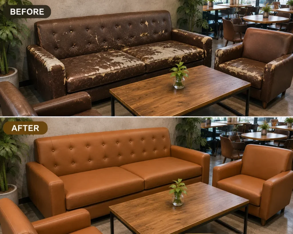 So sánh sofa quán cafe trước và sau khi bọc lại