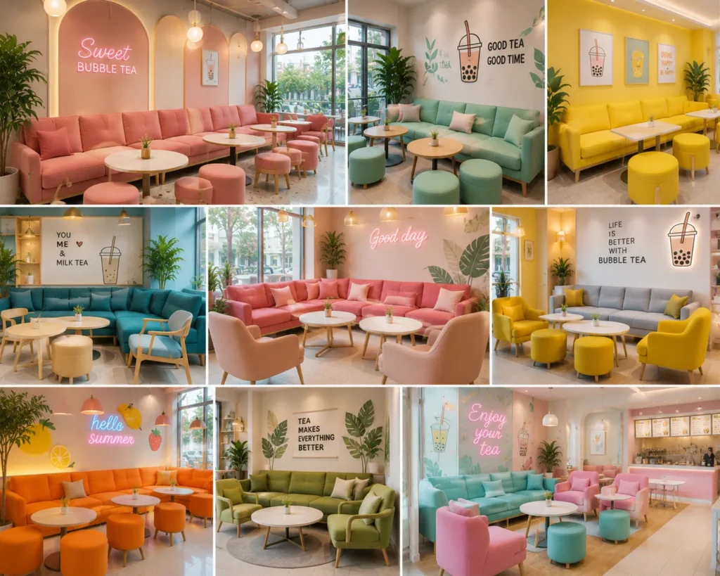 Ghế sofa quán trà sữa với thiết kế trẻ trung hiện đại