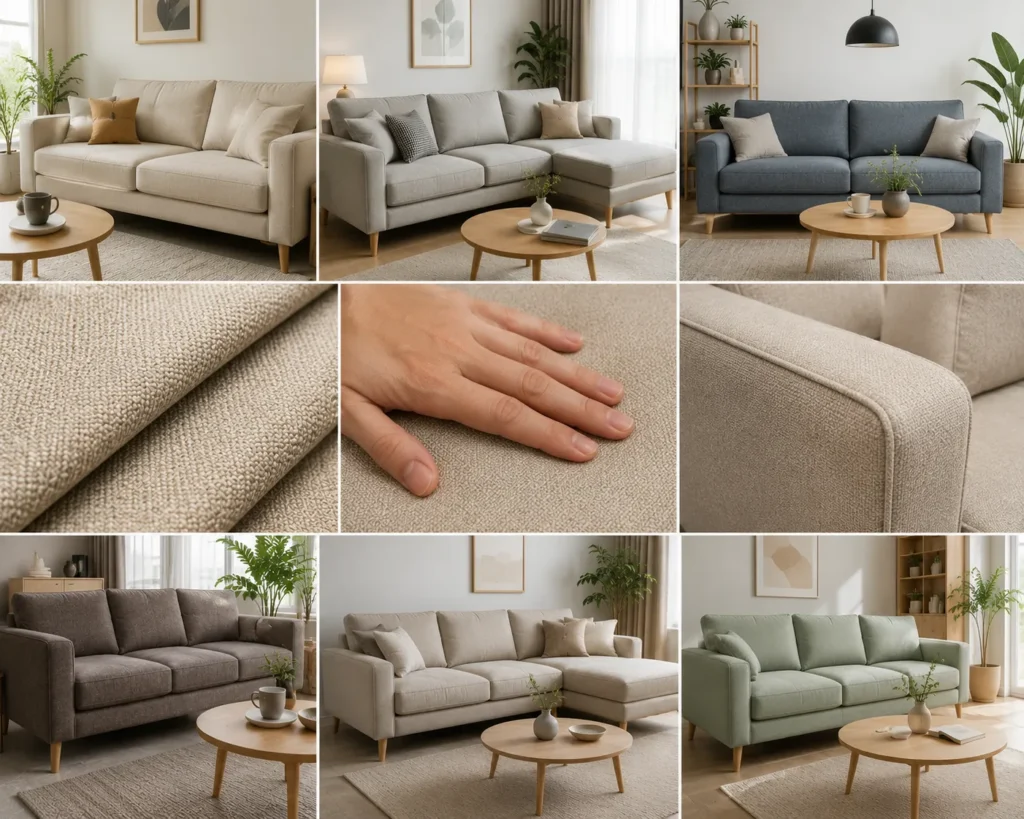 Sofa vải bố được nhiều gia đình yêu thích nhờ cảm giác ngồi thoáng và hiện đại.