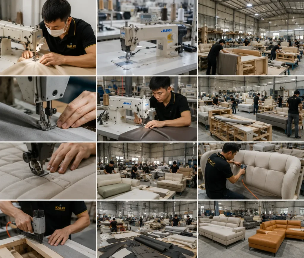 Quy trình may bọc ghế được thực hiện cẩn thận nhằm đảm bảo độ bền và tính thẩm mỹ.