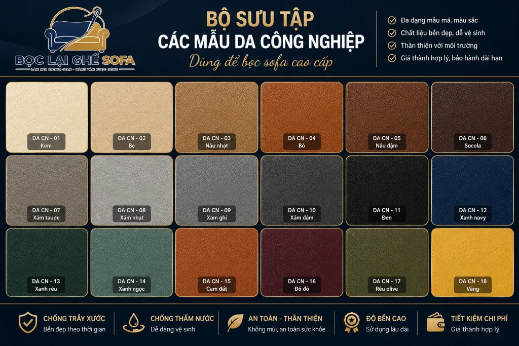 Các mẫu da công nghiệp phổ biến được sử dụng trong dịch vụ bọc ghế sofa hiện nay.